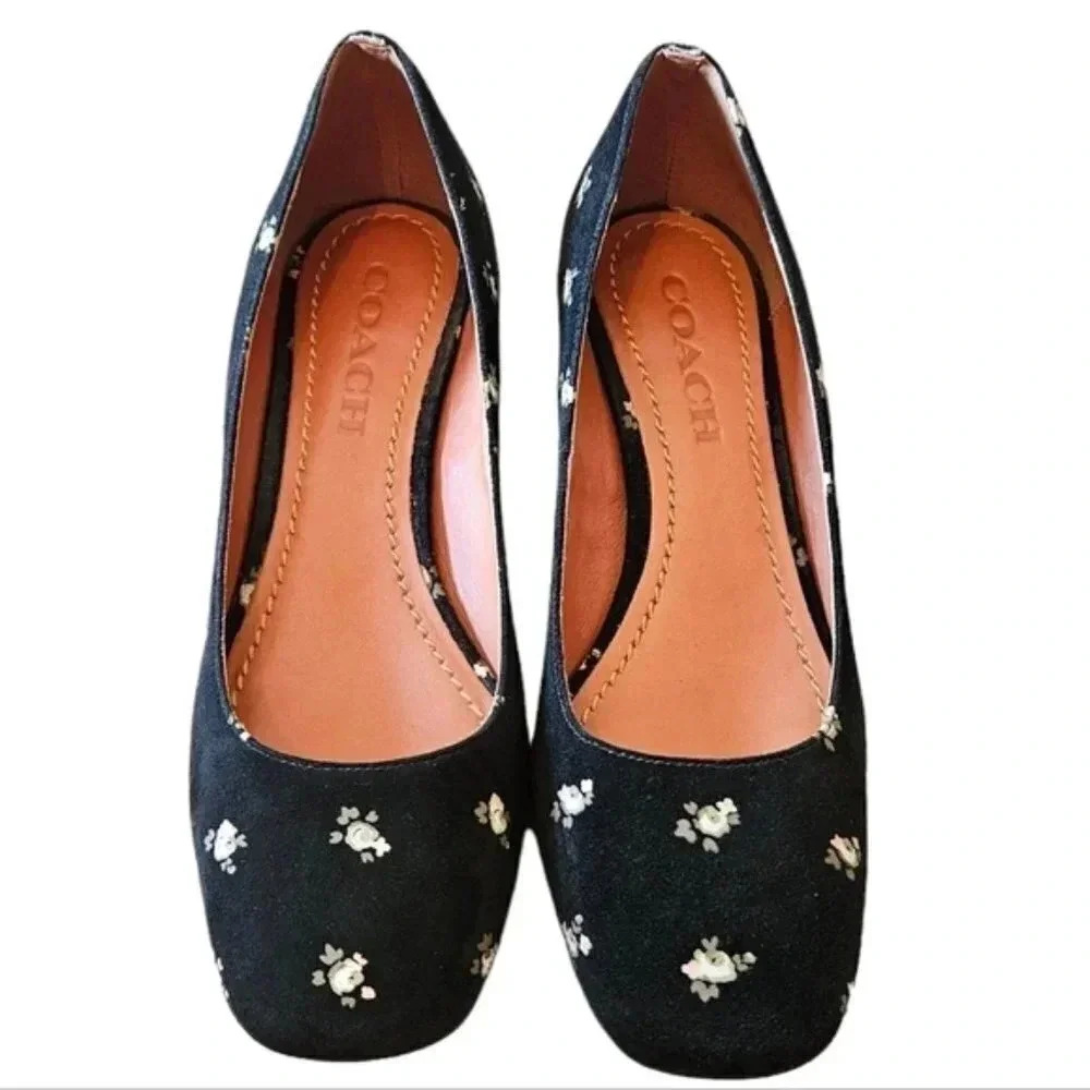 Coach Suede Leather Floral Print Prairie Print Block Heel Pumps Black Size 6.5